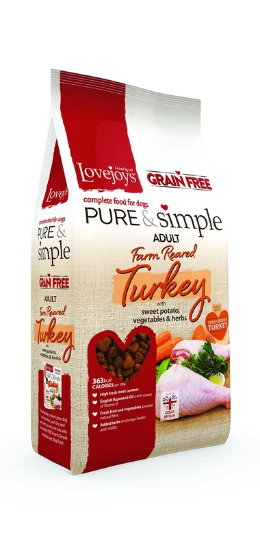 Lovejoys Pure & Simple Grain Free Dry Dog Food: Sensitive Stomach Recipe that's Wheat Free, Naturally Gluten Free, Complete Dog Food Dry - Farm-Reared Turkey, 12kg
