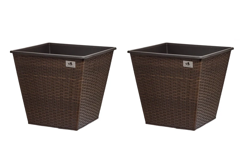 Gartenfreude 4000-1067-022 41.5 x 41.5 x 38 cm Poly Rattan Water Proof Plastic Planter - Bi-Colour Brown (Set of 2)