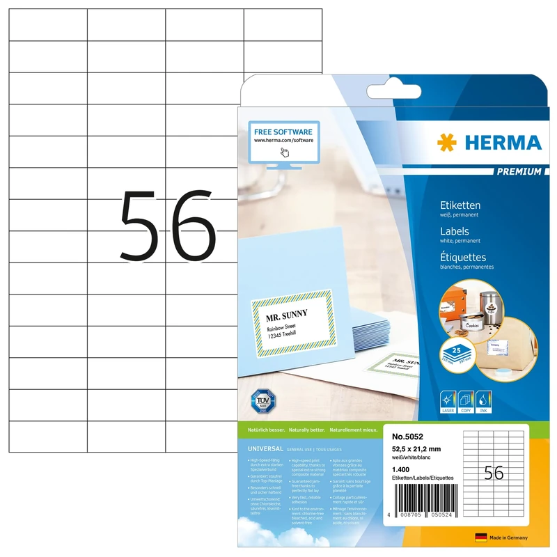 HERMA Self Adhesive Multipurpose Labels, 56 Labels per A4 Sheet, 800 Sheets, 52.5 x 21.2 mm, 44800 Labels, Blank Universal Labels Stickers, Sticky Labels for Laser & Inkjet Printer, White