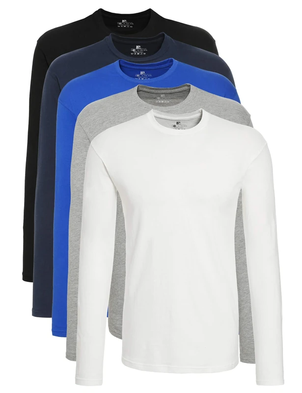 Lower East Men's Multipack of 5: Round Neck Long-sleeved Shirt from 100% Cotton, Black/White/Grey/Dark Blue/Royal Blue (Pack of 5), L