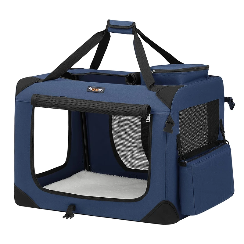 Feandrea Foldable Pet Carrier Bag, Portable Cat Dog Carrier, Soft Sided Pet Travel Carrier with Breathable Mesh, with Handles, Storage Pockets, 70 x 52 x 52 cm, Dark Blue PDC70Z