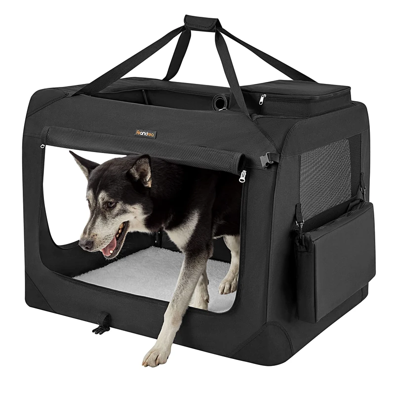 Feandrea Foldable Pet Carrier Bag, Portable Dog Travel Crate, Soft Sided Dog Cat Pet Travel Carrier Large Dog Crate for Car with Breathable Mesh and Storage Pockets, 91 x 63 x 63 cm, Black PDC90H