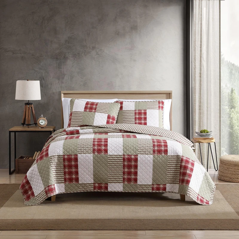 Eddie Bauer | 100% Cotton Reversible & Light-Weight Quilt Bedspread with Matching Shams, 3-Piece Bedding Set, Pre-Washed for Extra Comfort, Camano Island Red, Queen