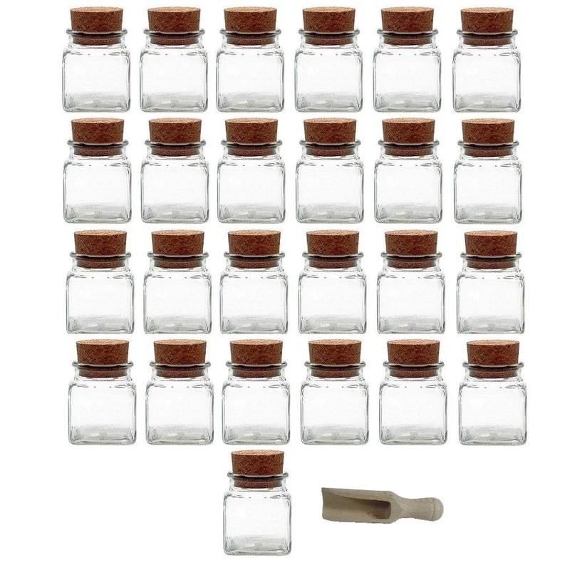 Viva Haushaltswaren 6 Glass Containers 150 ml with Cork Stoppers for spices, salt, gifts, etc and Wooden Spice Scoop, Glass, 120 ml