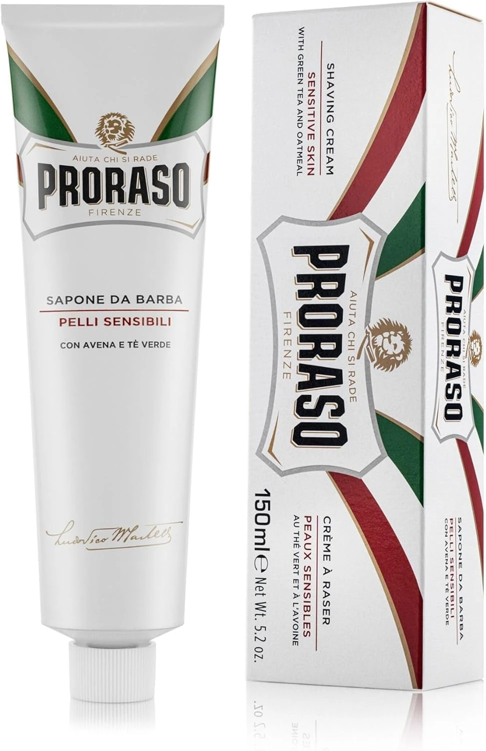 Proraso Shaving Cream Tube, 150ml, Sensitive Shaving Cream for Men Protects Skin, Formula with Oat and Green Tea Extracts, Made in Italy, White