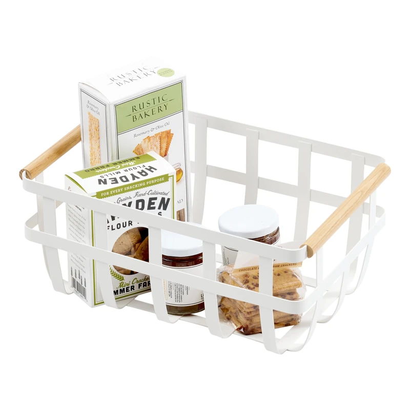 Yamazaki 2507 TOSCA Storage Basket with 2 Handles, white, Steel/Wood, Minimalist, 36 x 22 x 16 cm - Image 1
