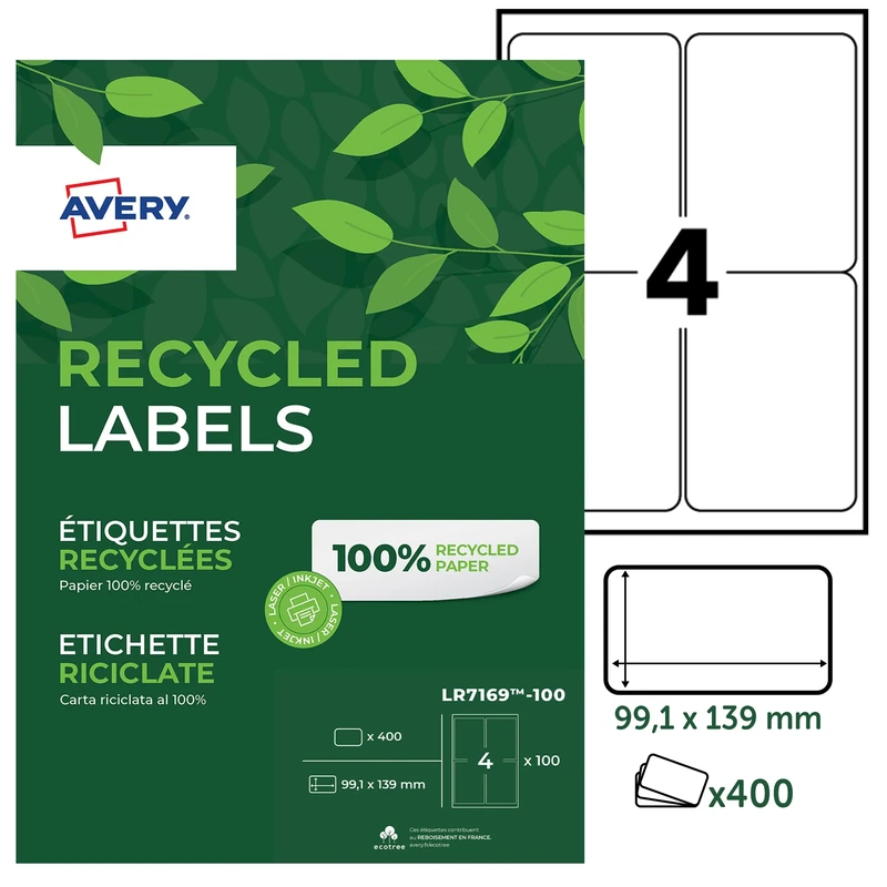 AVERY -LR 7169-100-400 Recycled Labels, White, 99.1 x 139 mm
