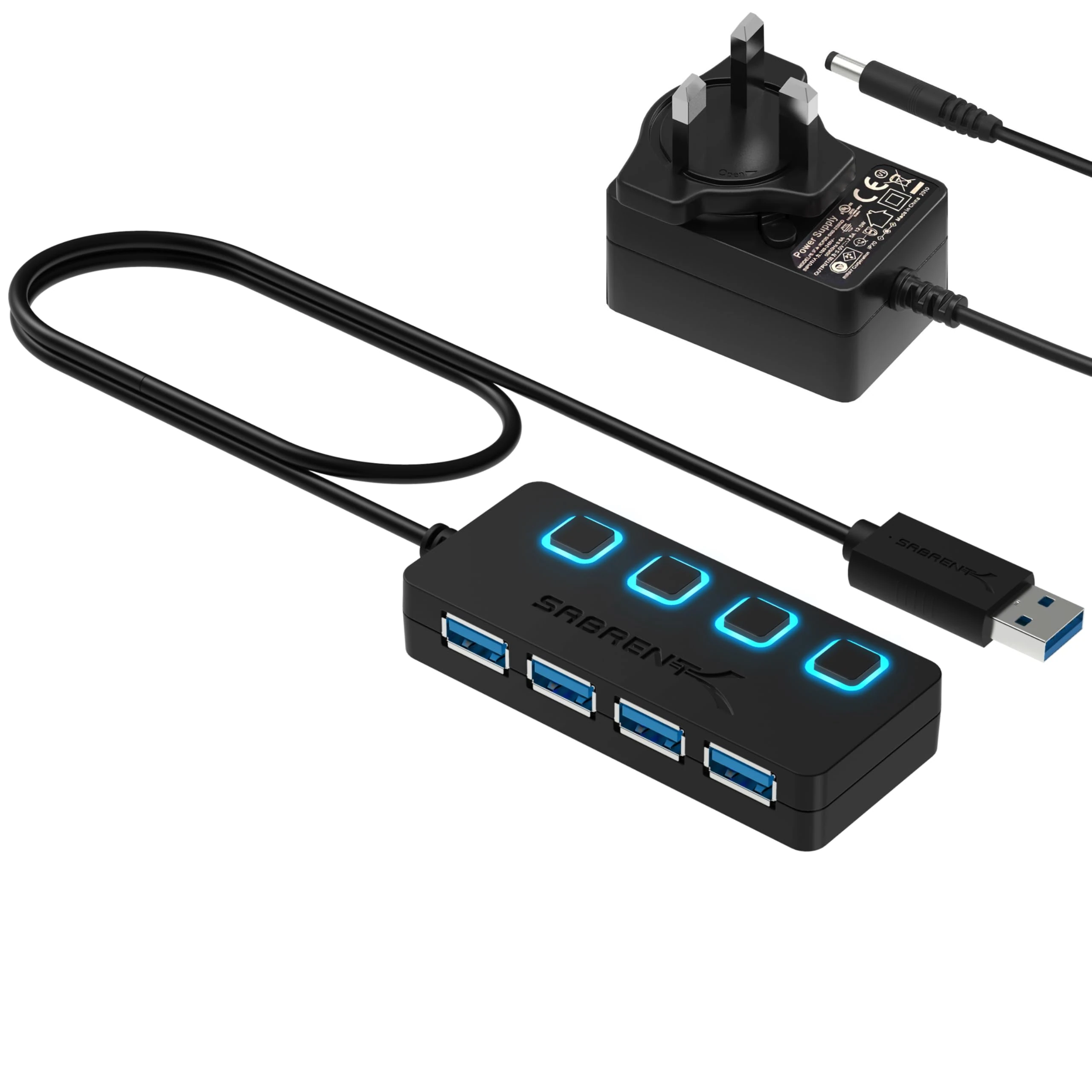 SABRENT Powered USB Hub, 4 Port USB 3.2x1 5Gbps, USB 3 Splitter, On/Off Switch LED Indicators, 68cm (2ft) Cable for PC, Laptop, iMac, MacBook (HB-UMP3)