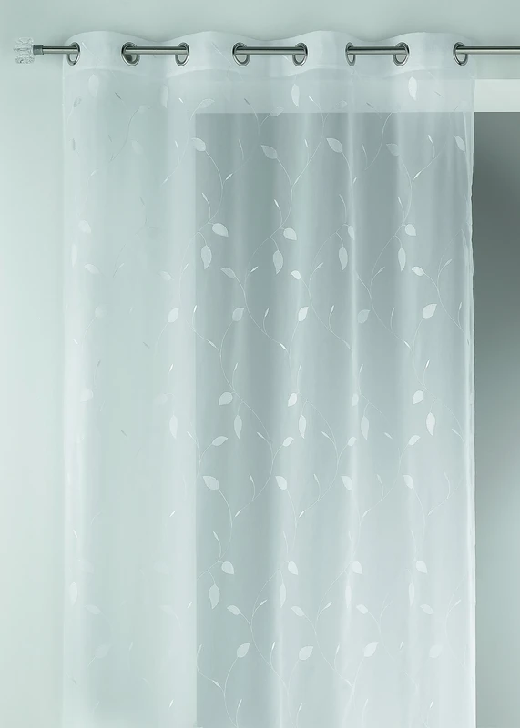 HomeMaison hm6960398 with Printed Muslin Embroidered Leaves Curtain Polyester 140 x 260 cm white
