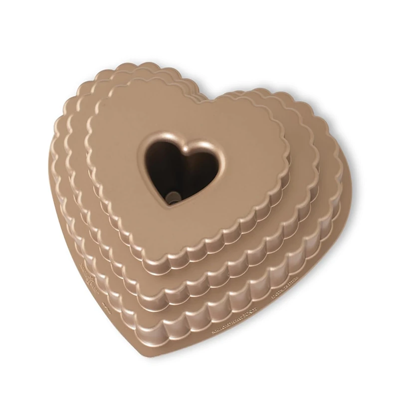 Nordic Ware Tiered Heart Cast Bundt Pan, Original Cast Aluminium Bundt Tin, Official Bundt Cake Tin with Heart Pattern, Premium Cake Mould Made in The USA, Colour: Toffee 89937, 12 Cup Capacity