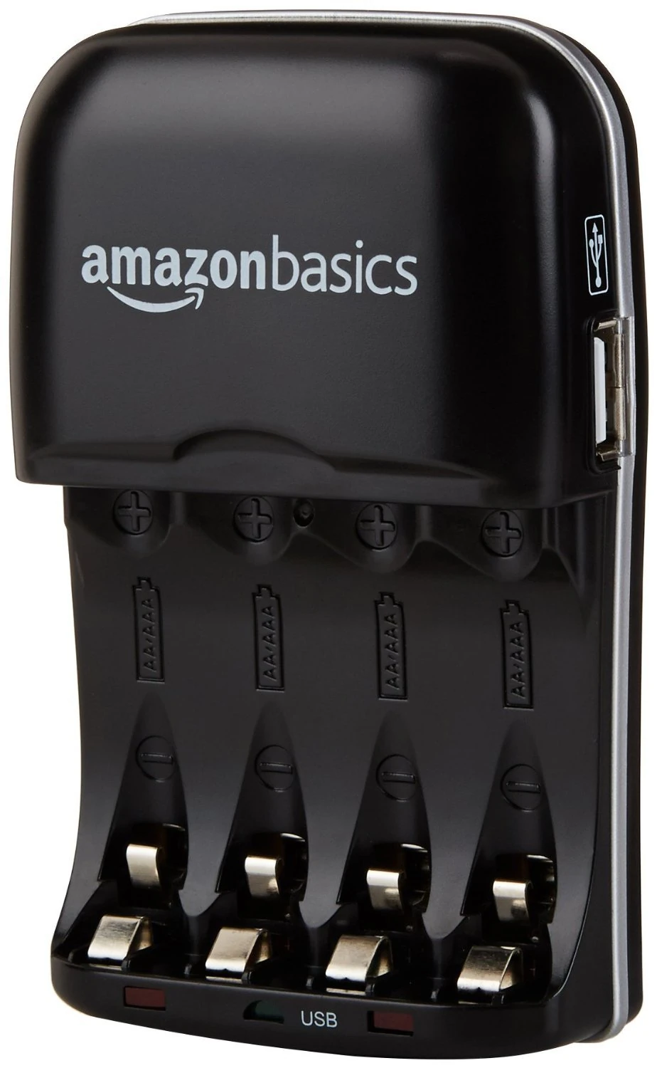 Amazon Basics 4 Slot Ni-MH AA & AAA Battery Charger With Indicator LEDs, With USB Port, Black
