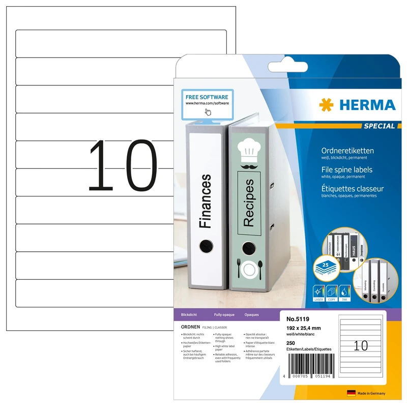 HERMA Self Adhesive Spine Labels, 10 Labels per A4 Sheet, 800 Sheets, 192 x 25.4 mm, 8000 Labels, Blank Lever Arch File Folder Labels Stickers, Sticky Labels for Laser & Inkjet Printer, White