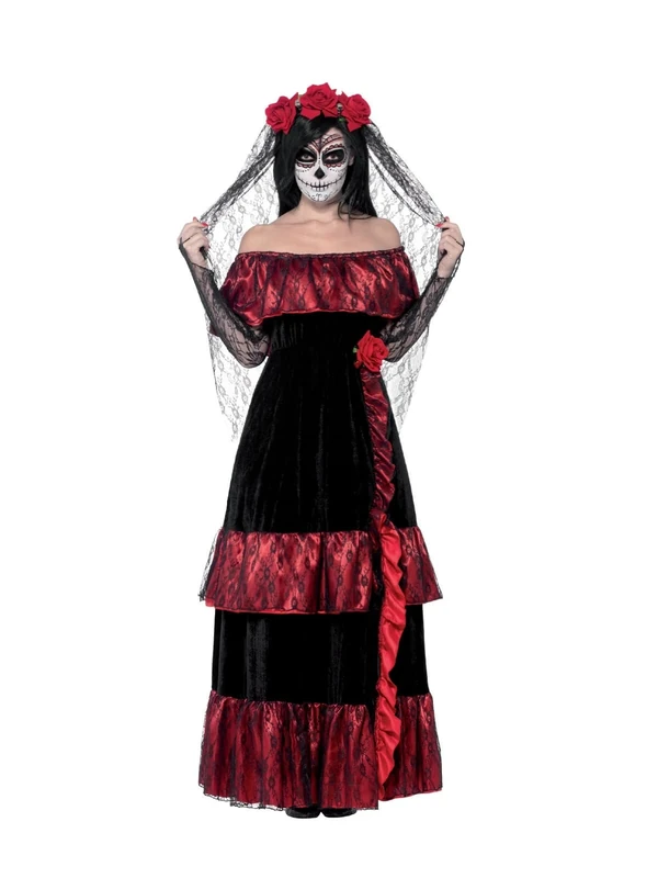 Smiffys Adult Women's Day of the Dead Bride Costume, Dress and Rose Veil, Day of the Dead, Halloween, S - UK Size 08-10, Black