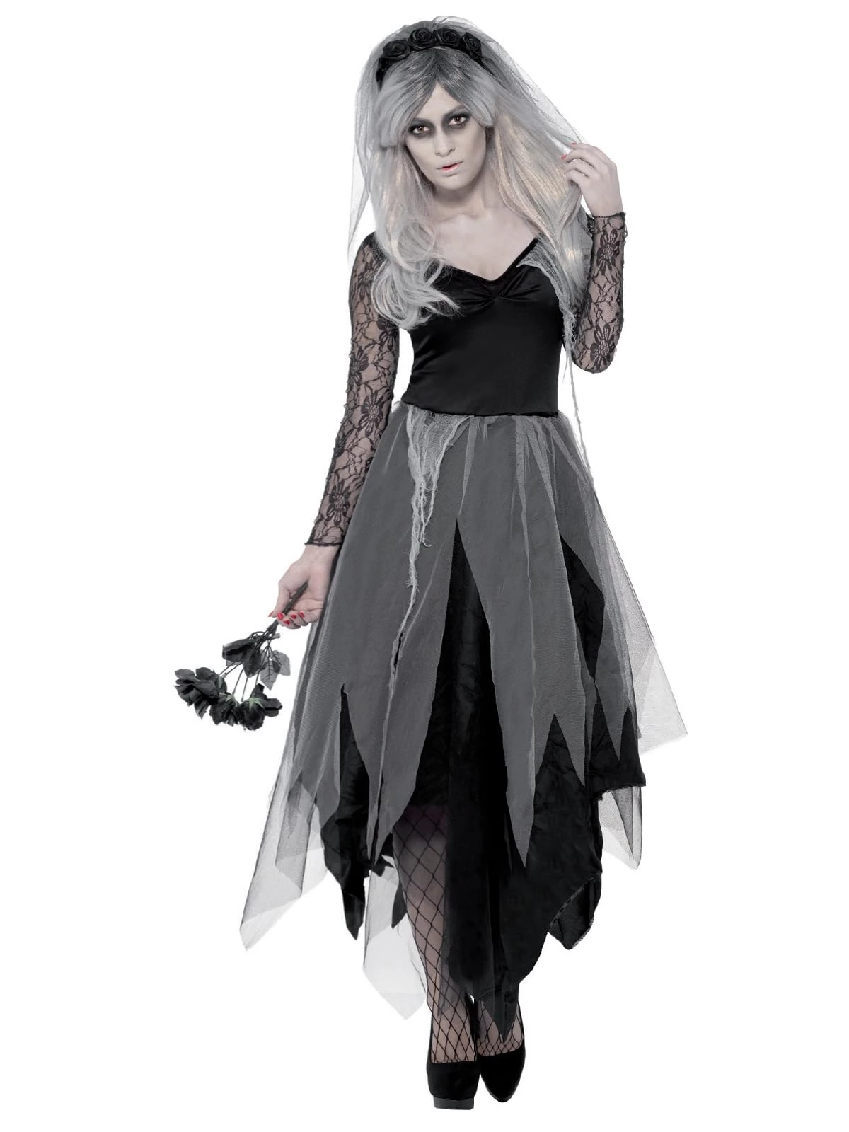 Smiffys Graveyard Bride Costume, Black with Dress & Rose Veil, Halloween Adult Fancy Dress, Adult Dress Up Costumes