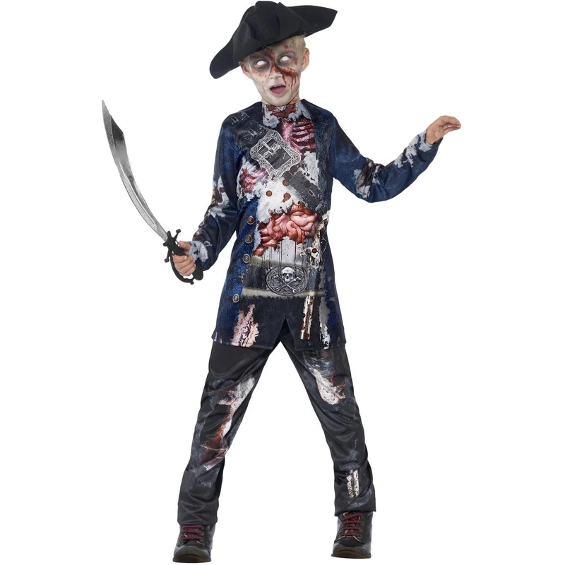 Smiffys Deluxe Jolly Rotten Pirate, Black with Top, Trousers & Hat, Sublimation Print, Halloween Child Fancy Dress, Pirate Dress Up Costumes, World Book Day