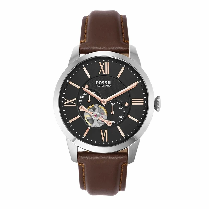 Fossil Watch for Men Townsman, Mechanical Automatic Movement, 45 mm Silver Stainless Steel Case with a Leather Strap, ME3061