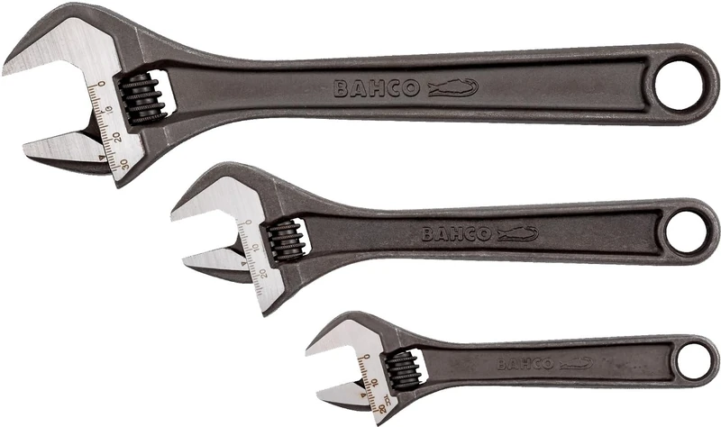 Bahco BHADJUST 3 ADJ3 Set of 3 Adjustable Wrenches (8070/8071 / 8072), Grey, 16 degree head angle