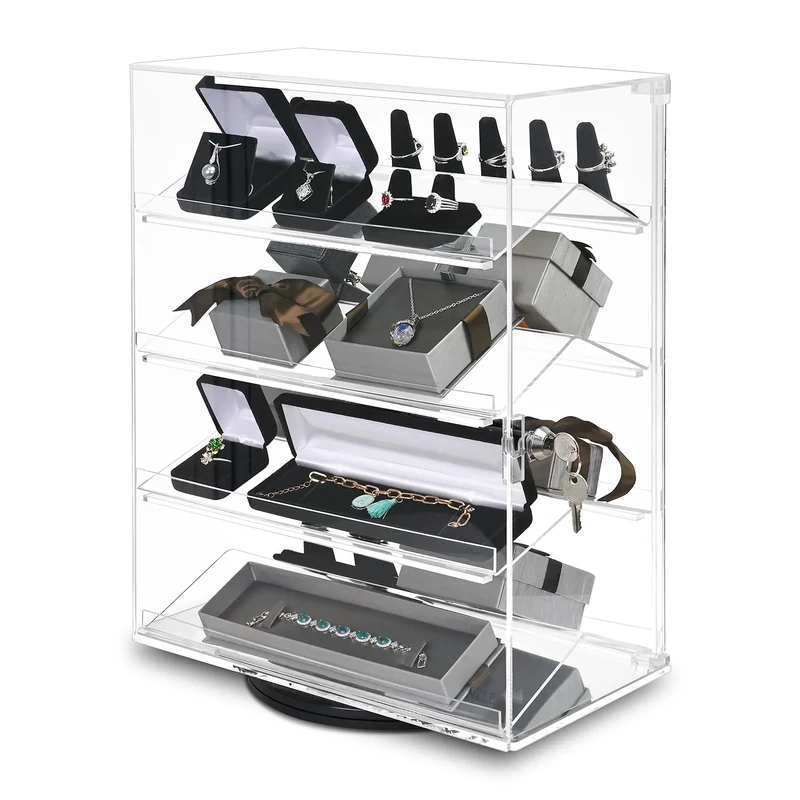 Mooca Premium 360-Degree Rotating Acrylic Eyewear Showcase with 4 Removable Shelves and Key Lock, Ideal for Sunglasses, Jewelry, and Collectibles Display - Image 1