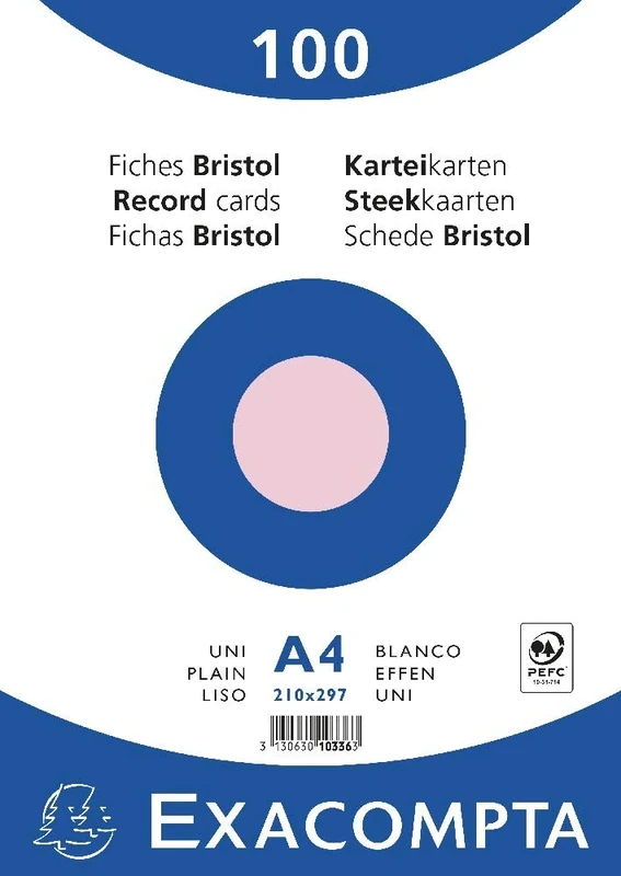 Exacompta - Ref 10336E - Bristol Plain Record Cards (Pack of 100) - A4 in Size, 205gsm Card, Compatible with Printers - Suitable for Exam Revision & Notes - Pink