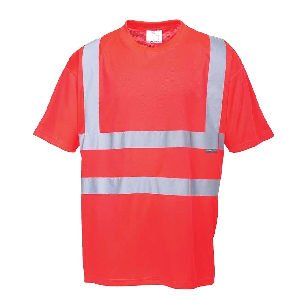 Portwest S478 Hi Vis Short Sleeve T-Shirt Lightweight Breathable Safety Workwear Shirt Moisture Wicking Reflective Tape UPF 40+ Protection Warm Weather Work Top, Red, 3XL