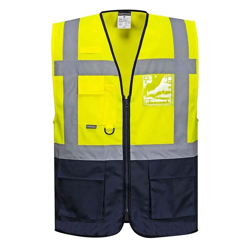 Portwest C476 Warsaw Hi-Vis Contrast Executive Sleeveless Safety Vest with Pockets - Reflective High Viz Outdoor Safety Workwear, Yellow/Navy, L