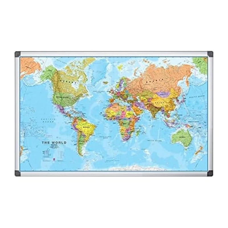 Bi-Office Maya World Map Board, Lacquered Steel Magnetic Surface, Aluminium Frame, 1200 x 900 mm