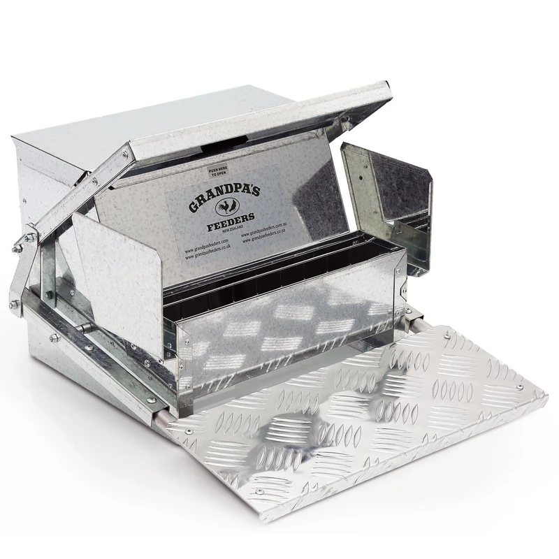 Grandpa's Feeders Durable & Pest Proof Metal Treadle Feeder, Feed 6 Chickens for 10 Days, Large Capacity No Spill & No Need for Constant Refill, Original Automatic Chicken Feeder Trusted for 30 Years
