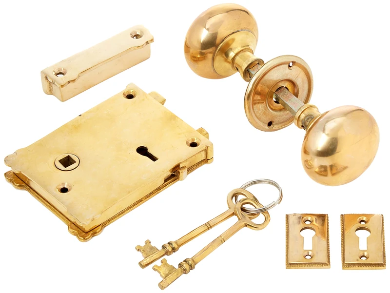 IRONMONGERY WORLD® 4" X 3" Old Vintage Victorian Style Solid Brass Cottage Lock KNOB Set (Option 1-55MM Rim KNOB Set with Rim Lock)