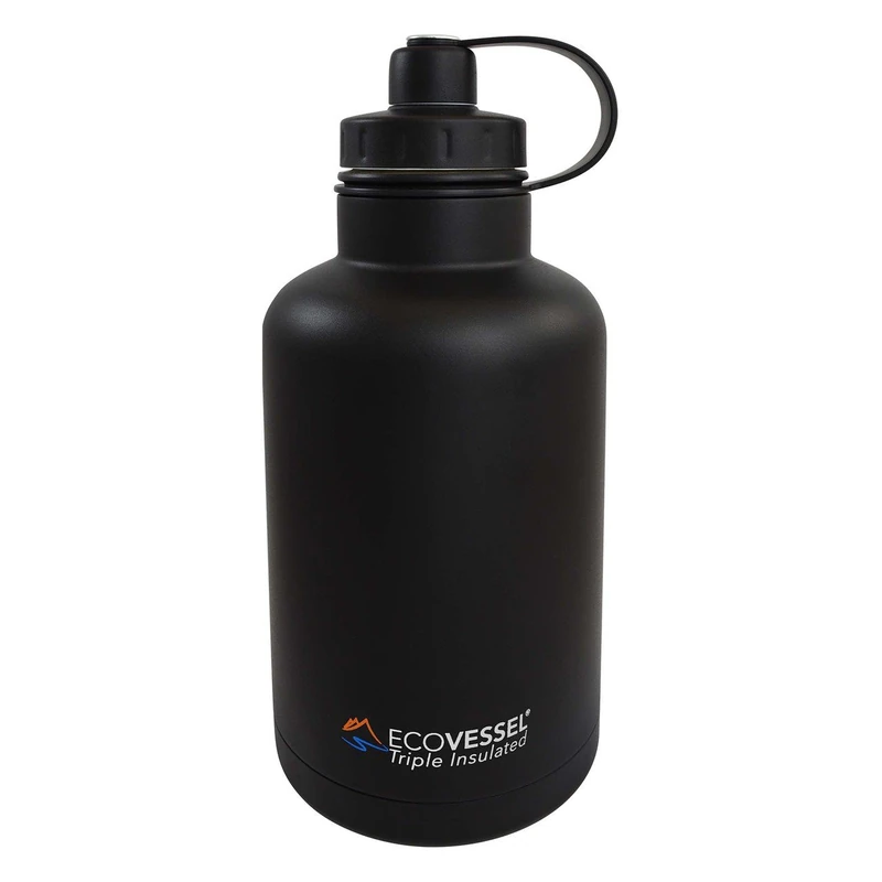 EcoVessel The Boss Tri Max Vacuum Insulated Stainless Steel Growler Bottle with Tea - Black Shadow, 1900 ml