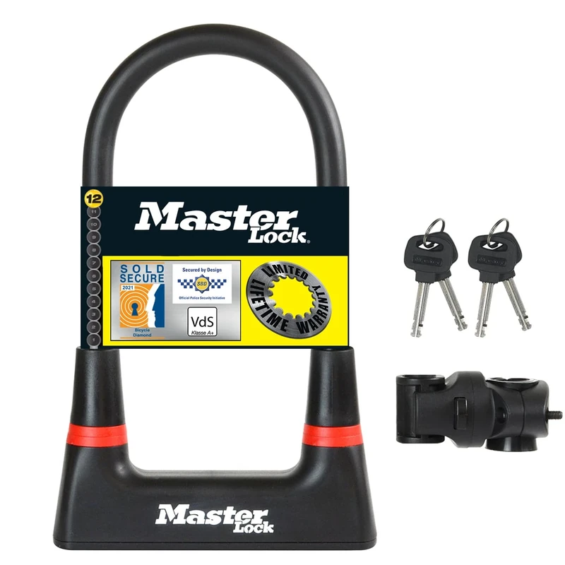 Master Lock Heavy Duty Bike D Lock, Key, Universal Mounting Bracket, Certified Bike Lock - Police Approved 8279EURDPRO - Use with Electric, Mountain, Road, Folding Bikes