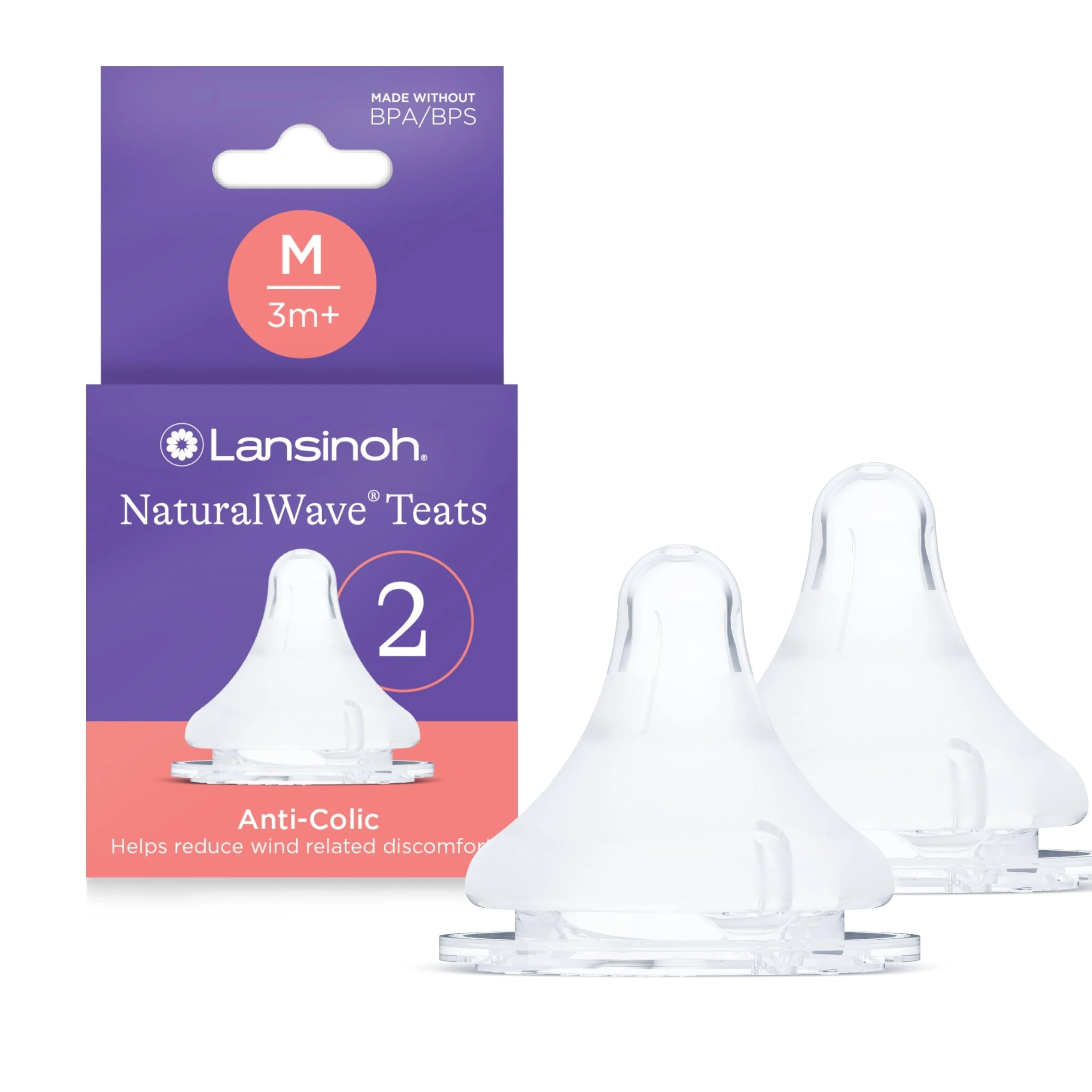 Lansinoh NaturalWave Baby Bottle Teats - 2 Pack - Anti-Colic Air Vent - BPA & BPS-Free - Clinically Proven to Reduce Nipple Confusion - Compatible with Lansinoh Bottles (2 Pack, Medium Flow)