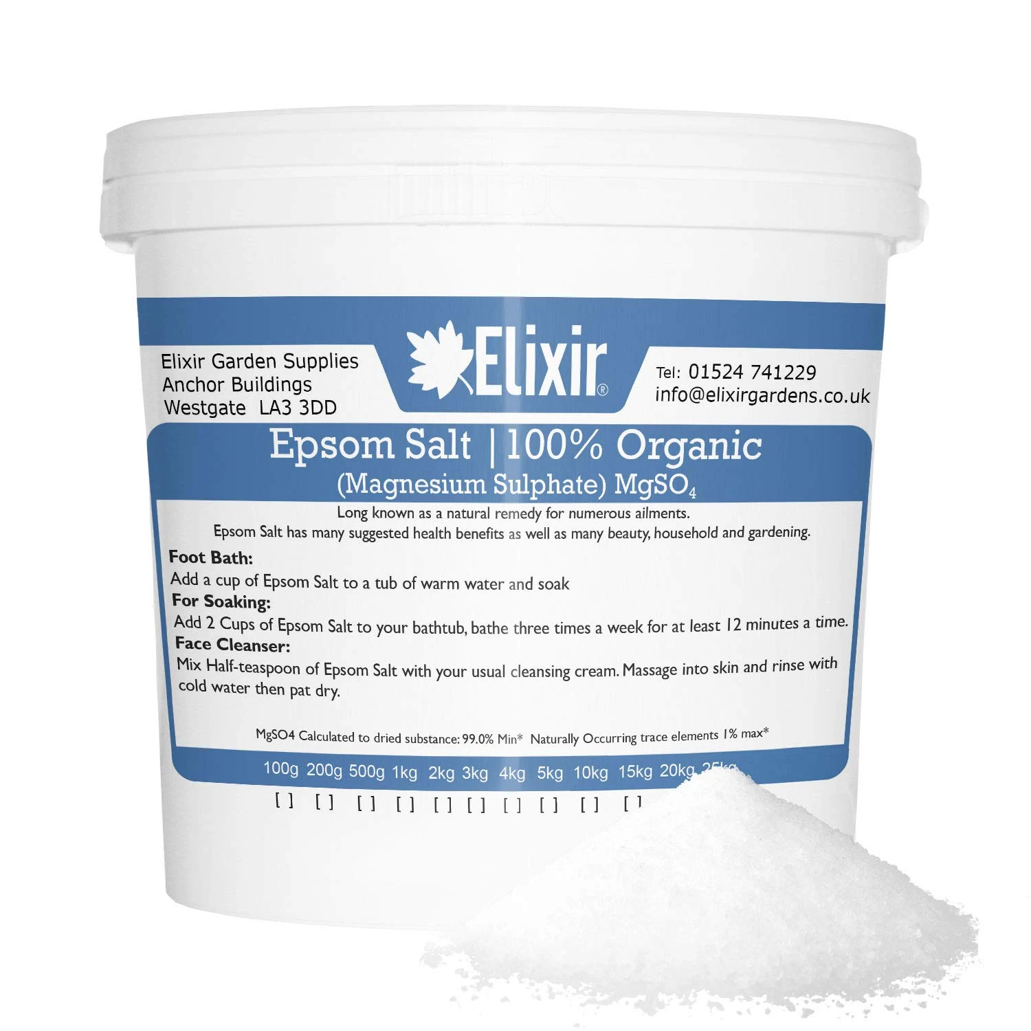 Elixir Gardens Organic FCC Food Epsom Bath Salts | 10KG Bucket/TUB | Magnesium Sulphate