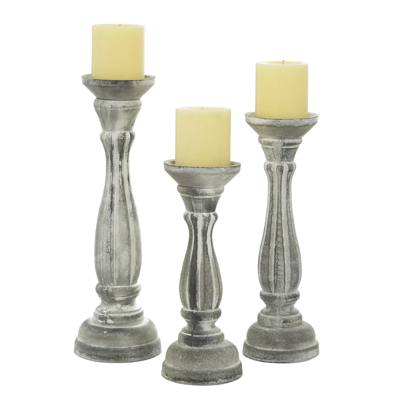 Deco 79 Wooden Decorative Candle Holder Distressed Turned Candle Stand, Set of 3 Candlestick Holder 15", 13", 11"H, Gray