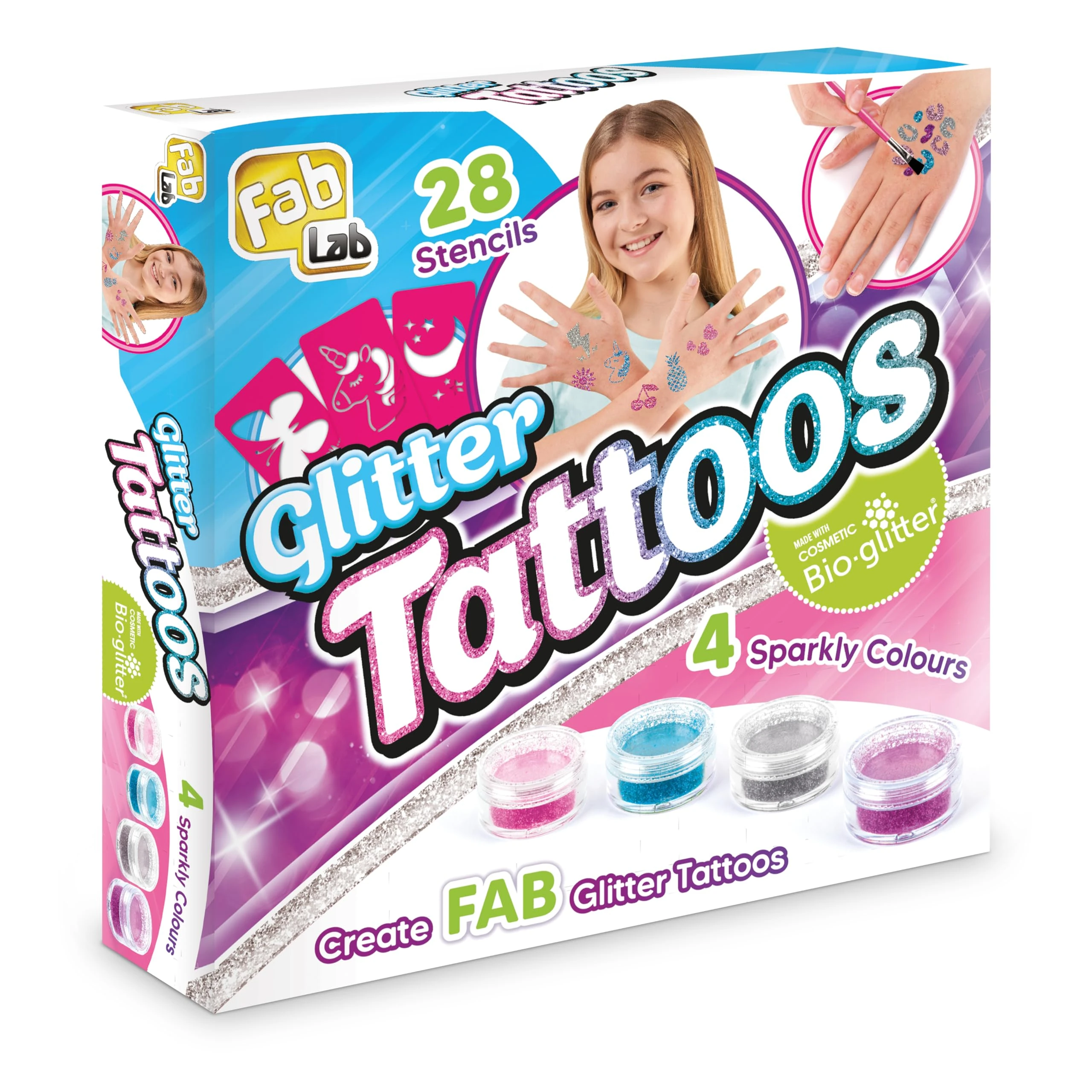 FabLab Glitter Tattoos | Create FAB Glittery Kids Tattoos! | Includes 28 Stencils and 4 Sparkly Colours of Bio-Glitter | Girls Gifts for Ages 8+