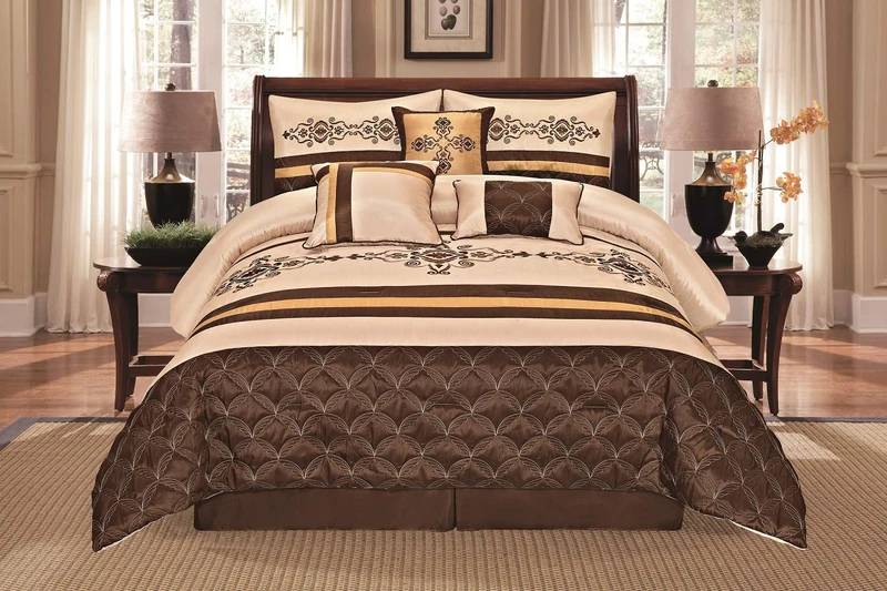 WPM WORLD PRODUCTS MART Jenin 7 Pieces Complete Bedding Ensemble Beige Brown Gold Luxury Embroidery Comforter Set Bed-in-a-Bag Bedding- Yasmen (Queen) - Image 1