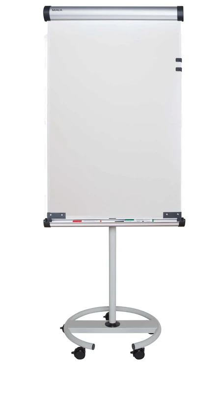 Maul Flipchart MAULsolid flip2use, 66 x 97 cm, mobile whiteboard with 5 castors and round base, rotating board with block holder and large storage tray for markers, portrait and landscape format, grey