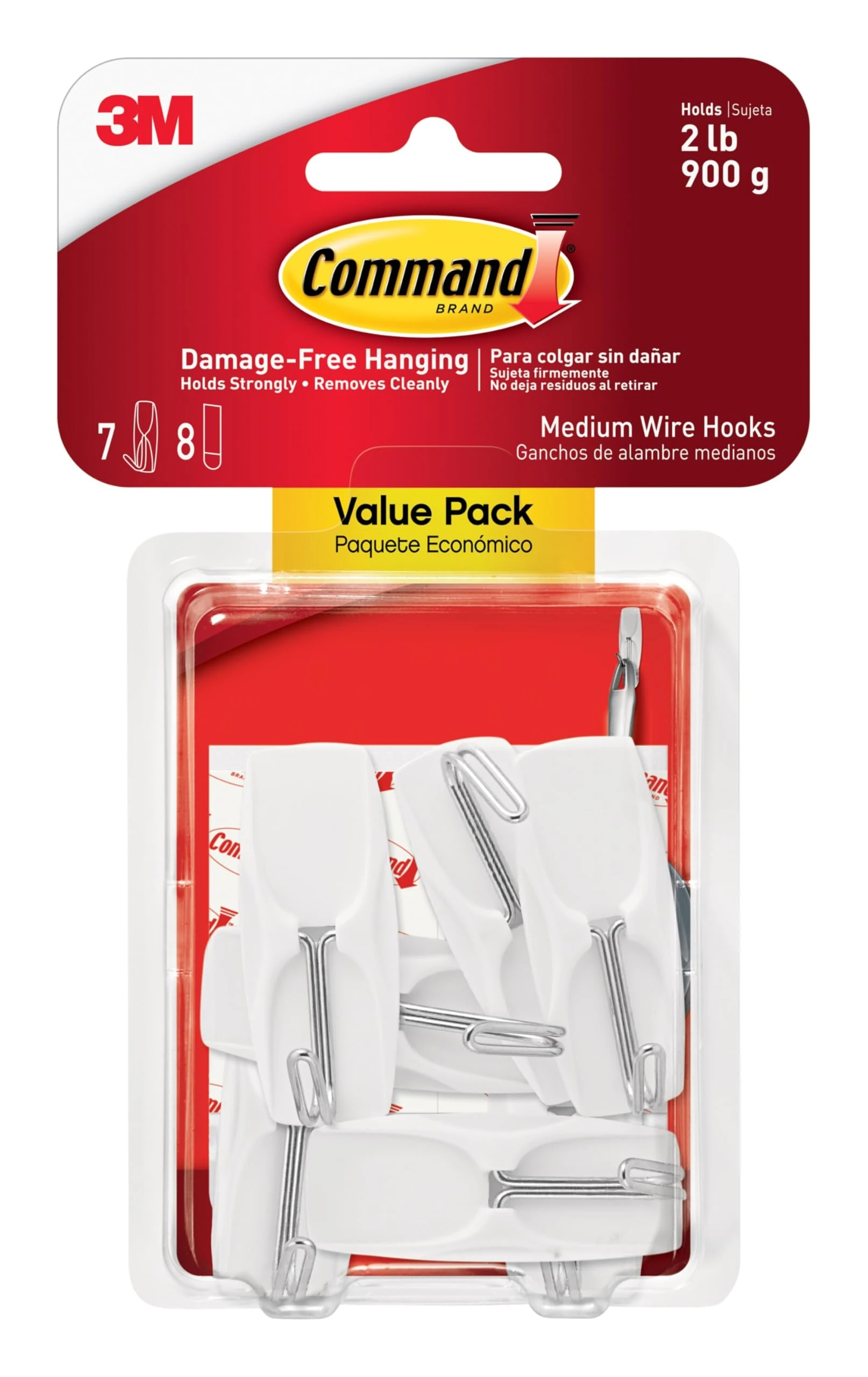 Command Wire Toggle Hook, Value Pack - 7 Hooks (Medium, White), 8 Adhesive Strips - Removable Hanging Hook for Various Surfaces - Damage Free Hanging