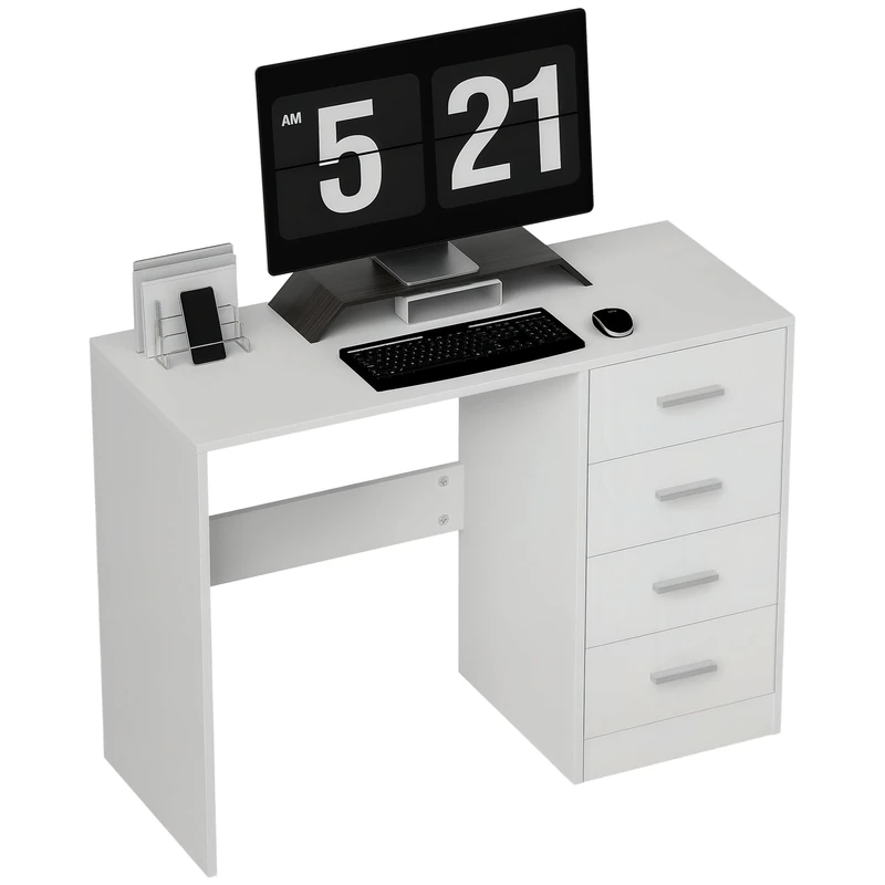 HOMCOM Computer Desk with Drawers, Dressing Table, High Gloss Home Office Writing Workstation, White