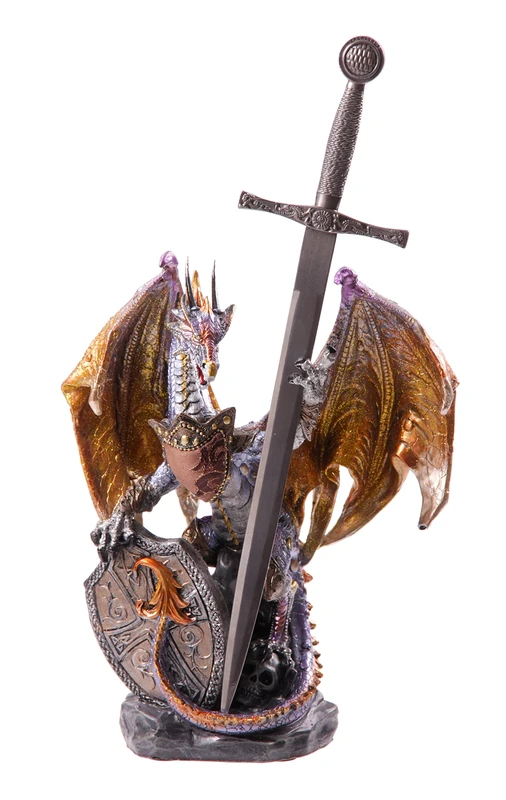 Puckator Dark Legends Fire Shield Dragon - Dragon Ornament - Gothic Decor - Dragon Toy Statue - Dragon Figurines - Gothic Home Accessories - Dragon Miniature Sculpture - Resin
