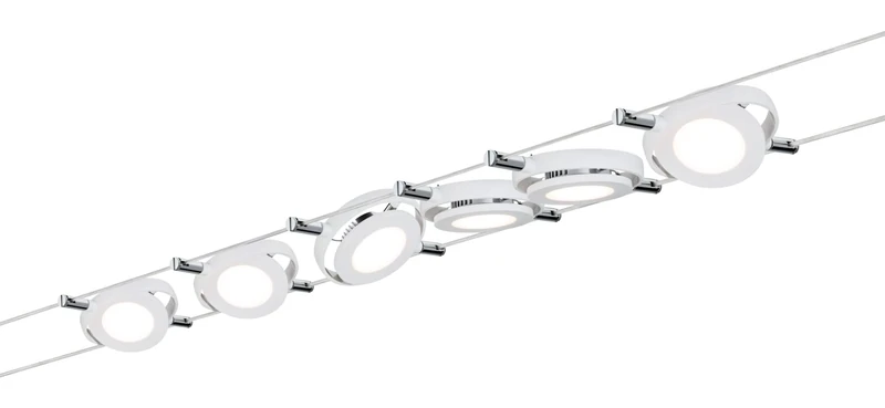 Paulmann 941.06 RoundMac LED Wire System Spot Lights - Tension Wire Lighting Set w/ 6 Round Lamps, 10m Cable Wire & Transformer - Indoor Lighting for Ceiling or Wall in White Matte max 24W 2700K