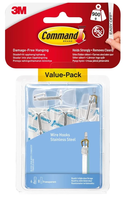 Command Wire Toggle Medium Hook, Pack of 6 Hooks and 8 Adhesive Strips, Transparent - Damage Free Hanging - Holds up to 900g