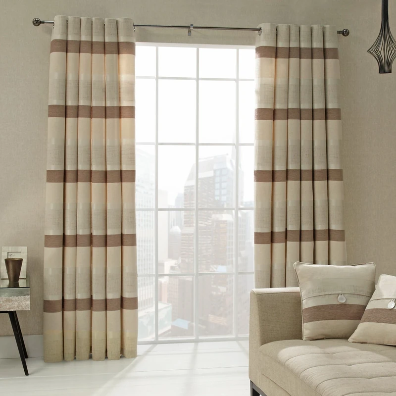 Just Contempo Chenille Stripe Eyelet Lined Curtains, Beige, 66x72 inches