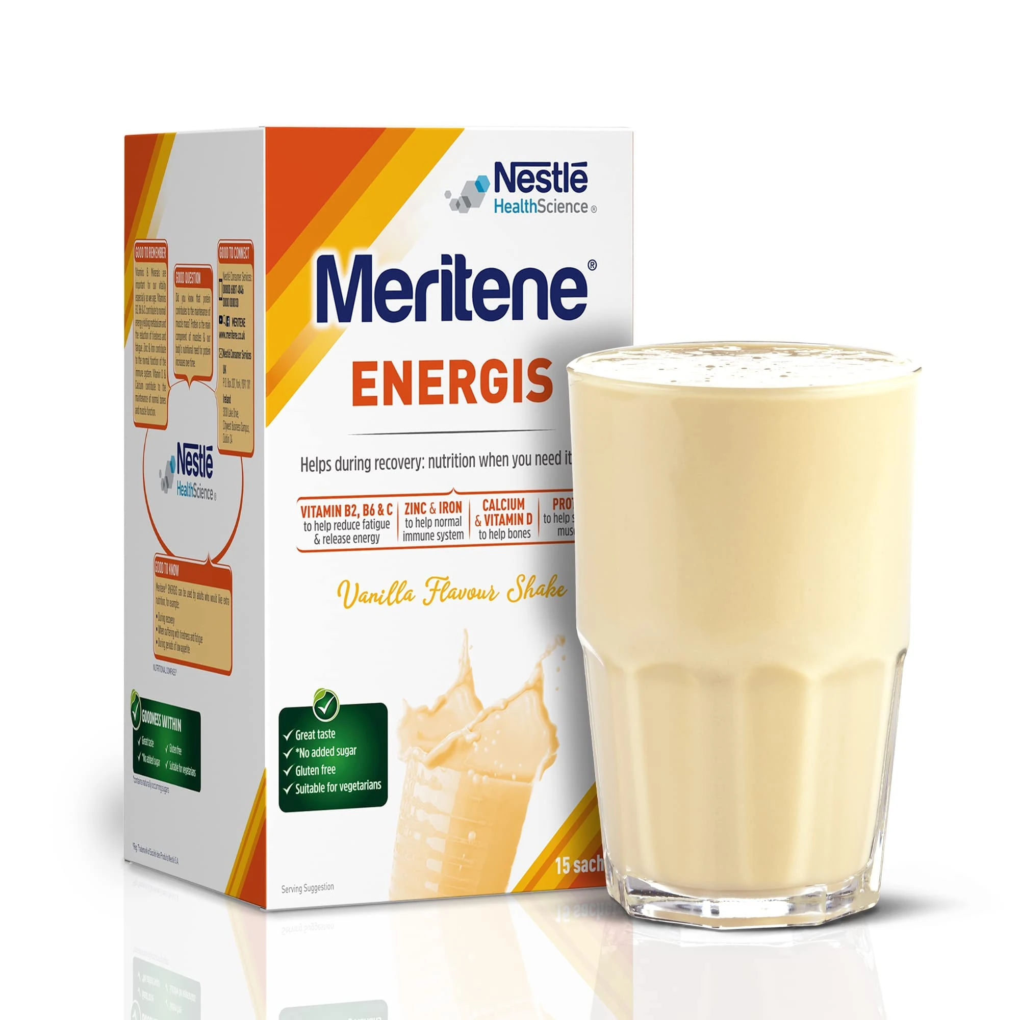 Meritene Energis Vanilla Protein Shake | 30g Powder Sachets, Pack of 15 | Nutritional Support Mix with Proteins and Minerals | With Vitamin D, B & K