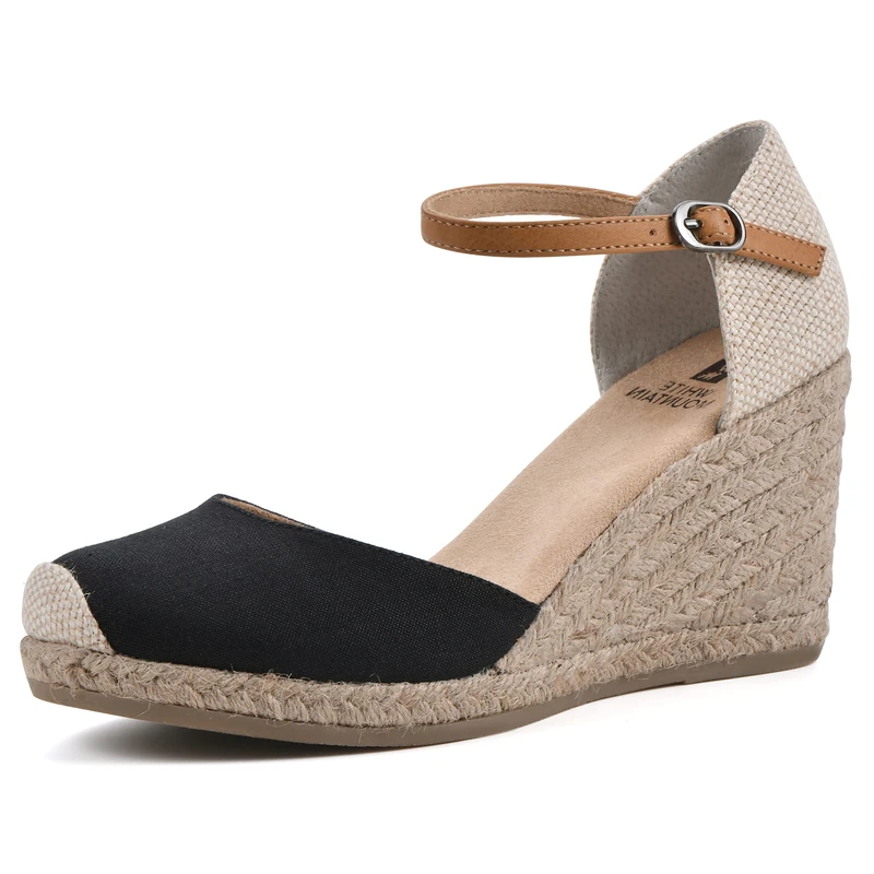 WHITE MOUNTAIN Women's Mamba Espadrille Wedge Sandal, Black/Fabric, 6.5 UK