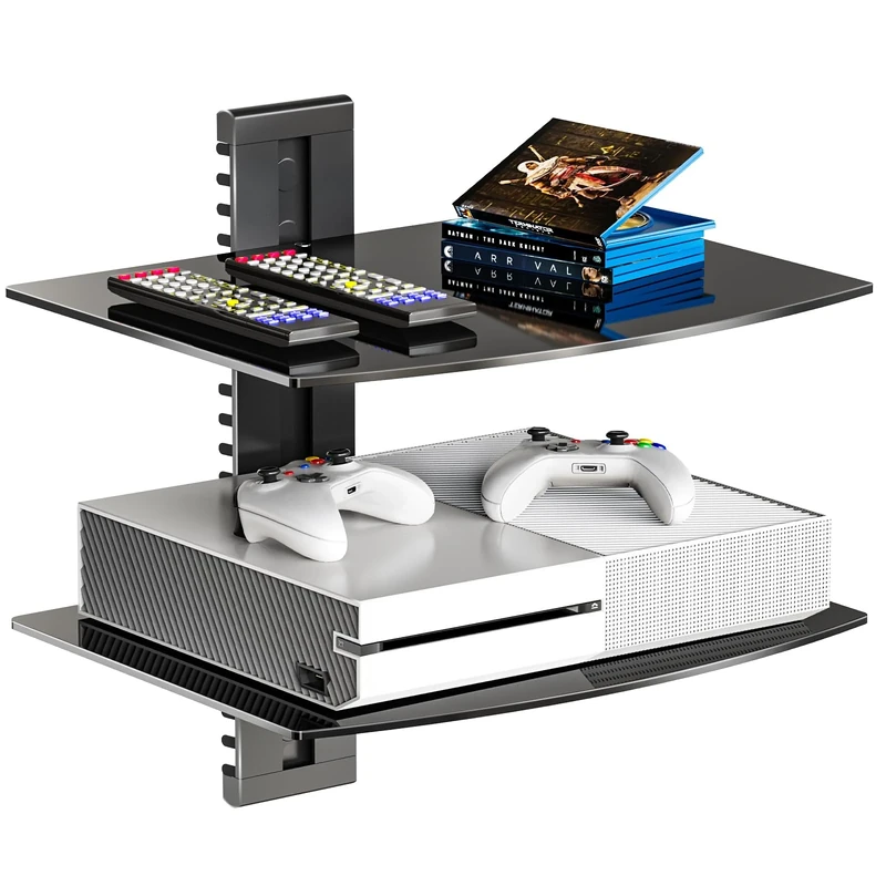 WALI Floating Entertainment Center Shelves, Holds Up to 8 kg, TV Shelf with Strengthened Tempered Glasses for DVD Players, Cable Boxes, Games Consoles, TV Accessories (CS202B), 2-Tier, Black