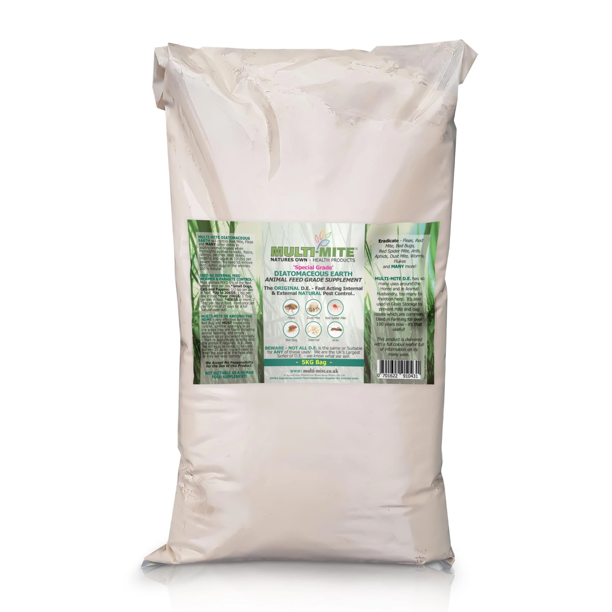 Multi-Mite 5KG DIATOMACEOUS EARTH Feed Grade DE Special Grade - 100% Natural - Red Mite Fleas & All Animal Lice Control Powder