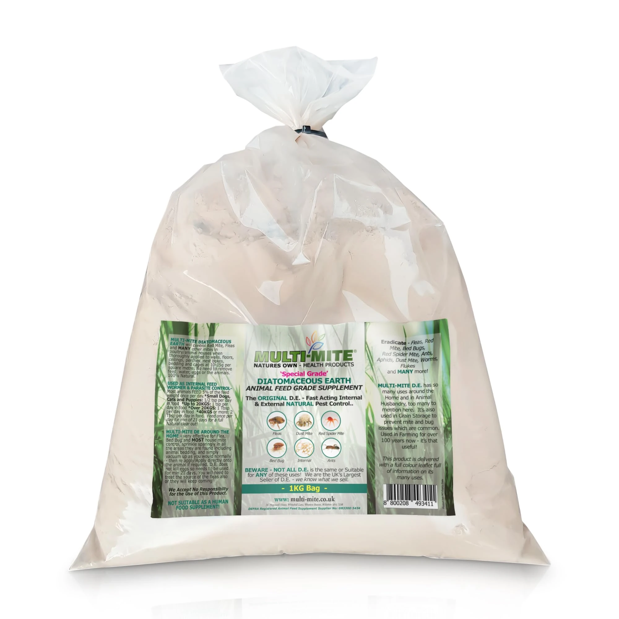 Multi-Mite® 1KG DIATOMACEOUS EARTH Feed Grade - Red Mite Fleas and All Animal Lice Control Powder