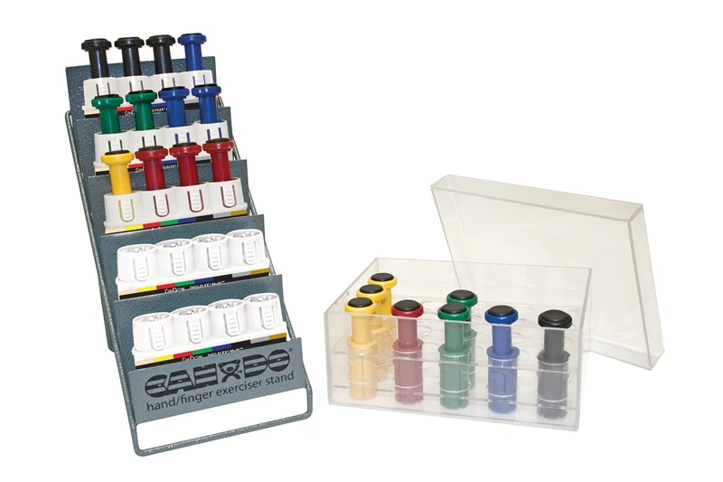CanDo Hand exerciser, finger trainer CanDo® Digi-Flex® - 5 basic units, 20 buttons (4 per level of difficulty - very light to very strong), storage box and display