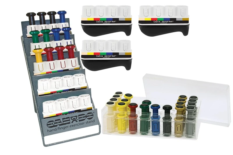 CanDo Hand exerciser, finger trainer CanDo® Digi-Flex® - 8 basic units, 32 buttons (4 per level of difficulty - very light to ultra strong), storage box and display