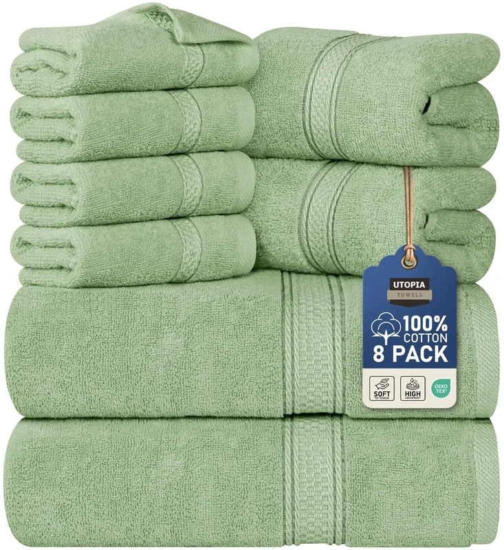 Utopia Towels 8 Piece Towel Set - 2 Bath Towels, 2 Hand Towels and 4 Washcloths Cotton Hotel Quality Super Soft and Highly Absorbent (Sage Green)